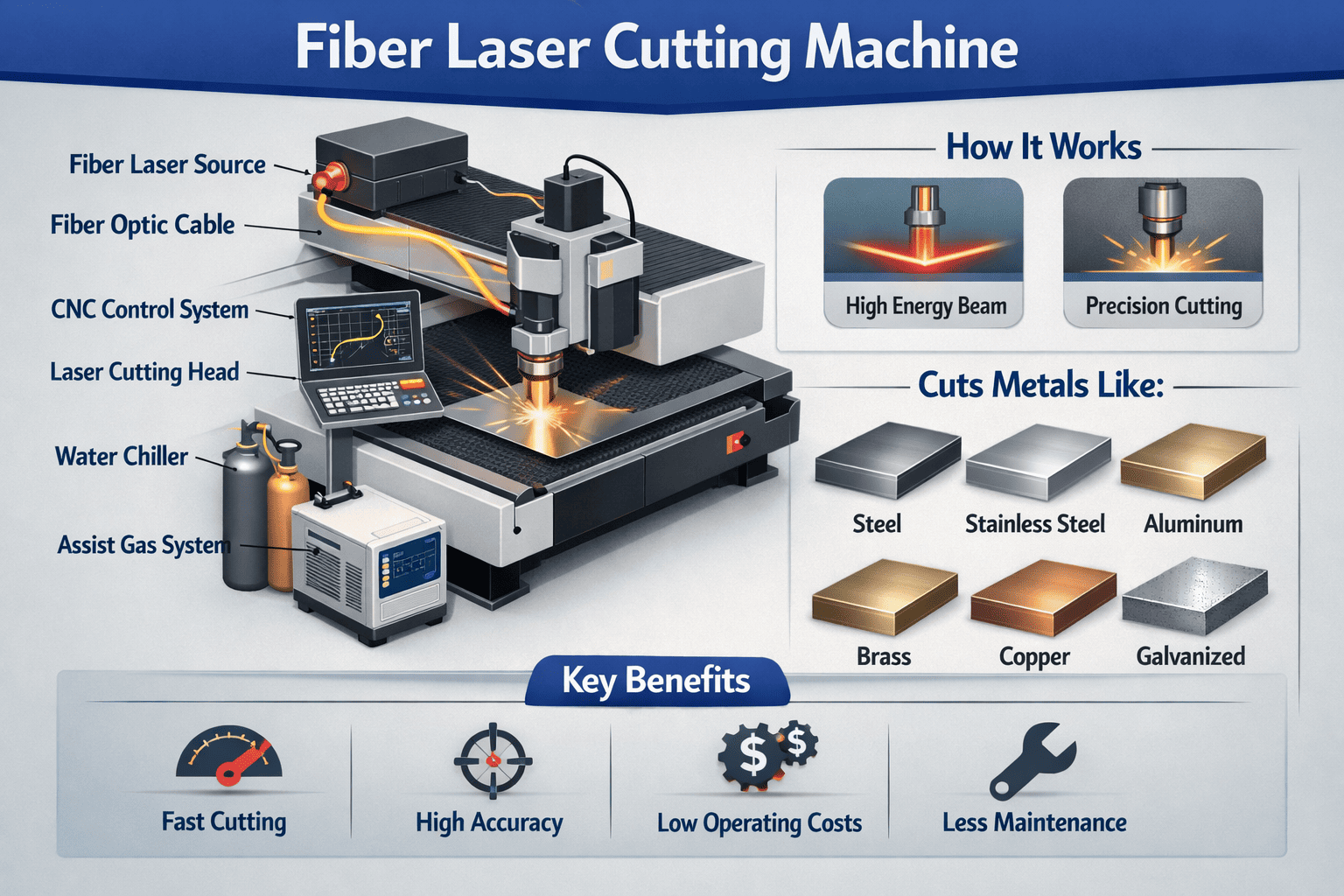 Fiber laser cutting machine in operation on metal sheet