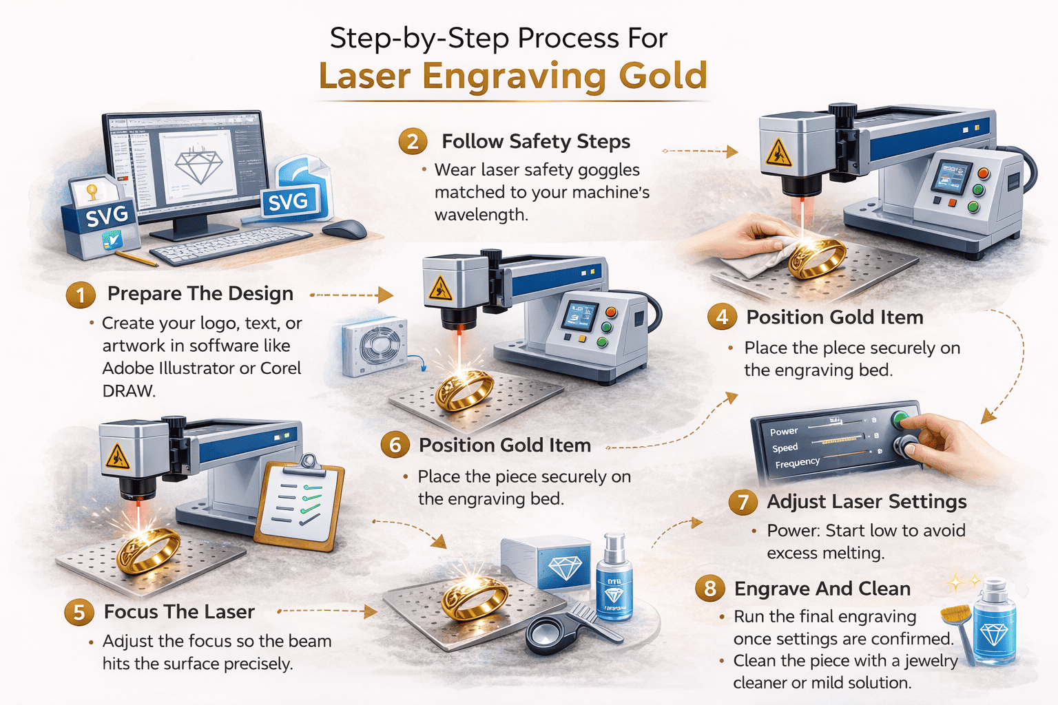 Laser engraving process on gold jewelry piece