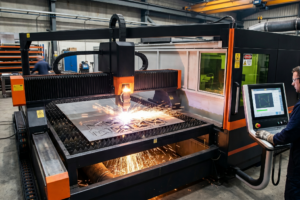 Operator monitors a laser cutting machine in a factory, sparks flying as the torch cuts a metal sheet.
