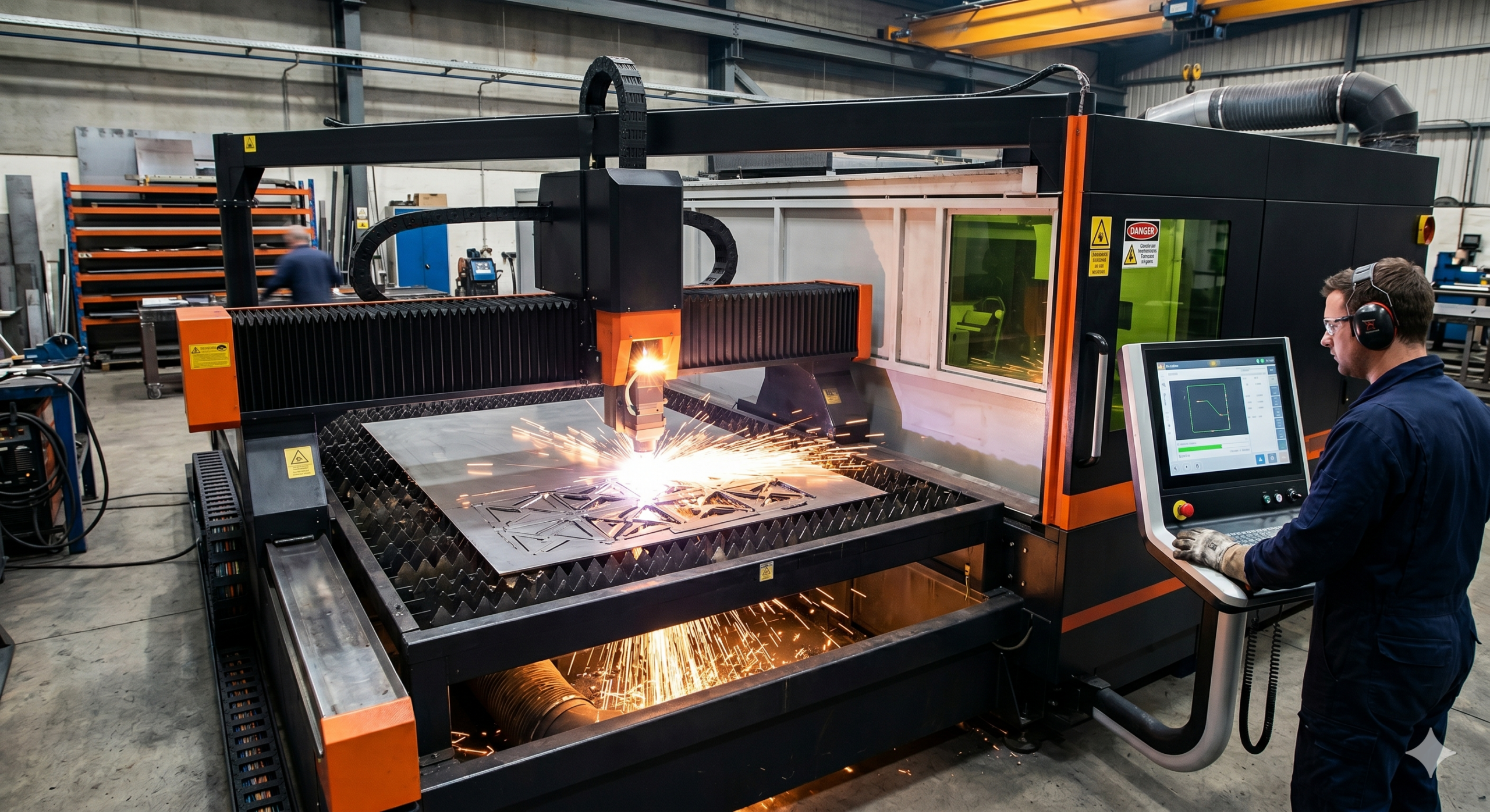 Operator monitors a laser cutting machine in a factory, sparks flying as the torch cuts a metal sheet.