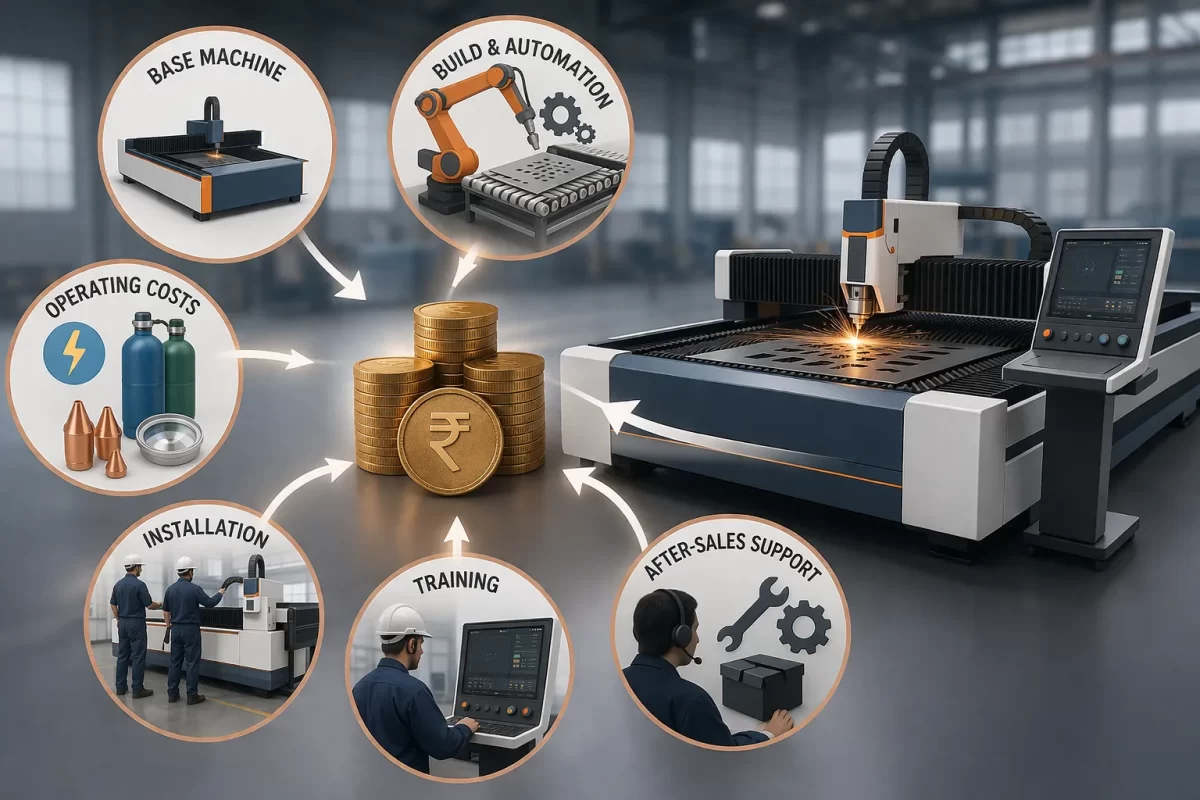 Automated manufacturing setup with a laser cutter and six circular callouts highlighting base machine, automation, costs, installation, training, and after-sales support around a stack of coins.