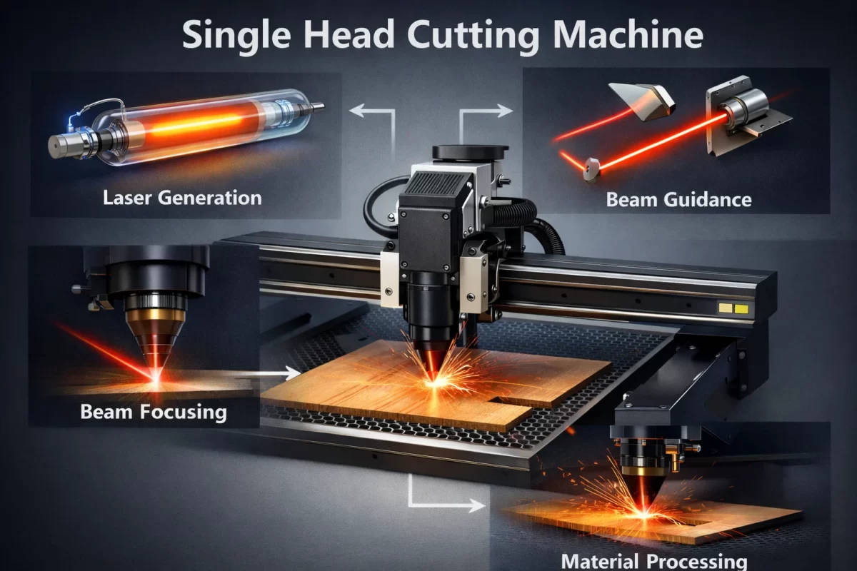 image2 (62) Diagram of a single-head laser cutter showing laser generation, beam guidance, beam focusing, and material processing stages on a metal sheet