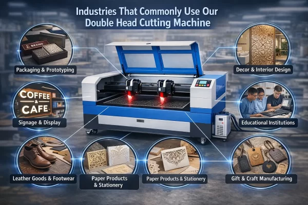 image2 (63) Infographic showing a blue double-head cutting machine with labeled industry applications around it: Packaging & Prototyping, Decor & Interior Design, Coffee & Cafe signage, Educational Institutions, Leather Goods & Footwear, Paper Products & Stationery, Paper Products & Stationery, and Gift & Craft Manufacturing.