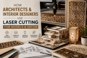 Poster about using laser cutting for architectural models and decor; background shows a laser cutter, stacked wooden model, and decorative lattice panels.