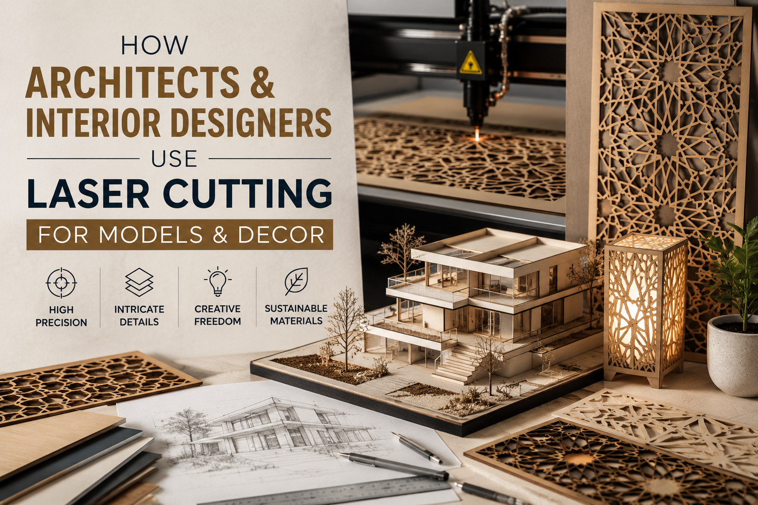 Poster about using laser cutting for architectural models and decor; background shows a laser cutter, stacked wooden model, and decorative lattice panels.