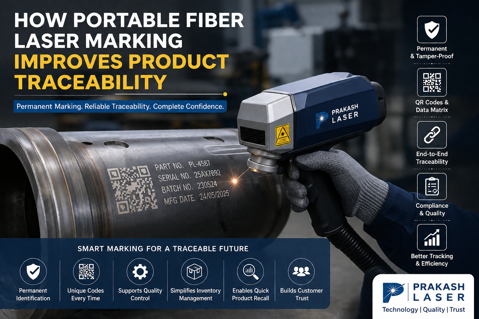 Handheld laser marker engraving a QR code and part data on a metal pipe to improve traceability.