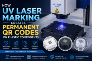 Poster showing UV laser marking for permanent QR codes on plastic components; text reads 'How UV Laser Marking Creates Permanent QR Codes' with product images at bottom right.