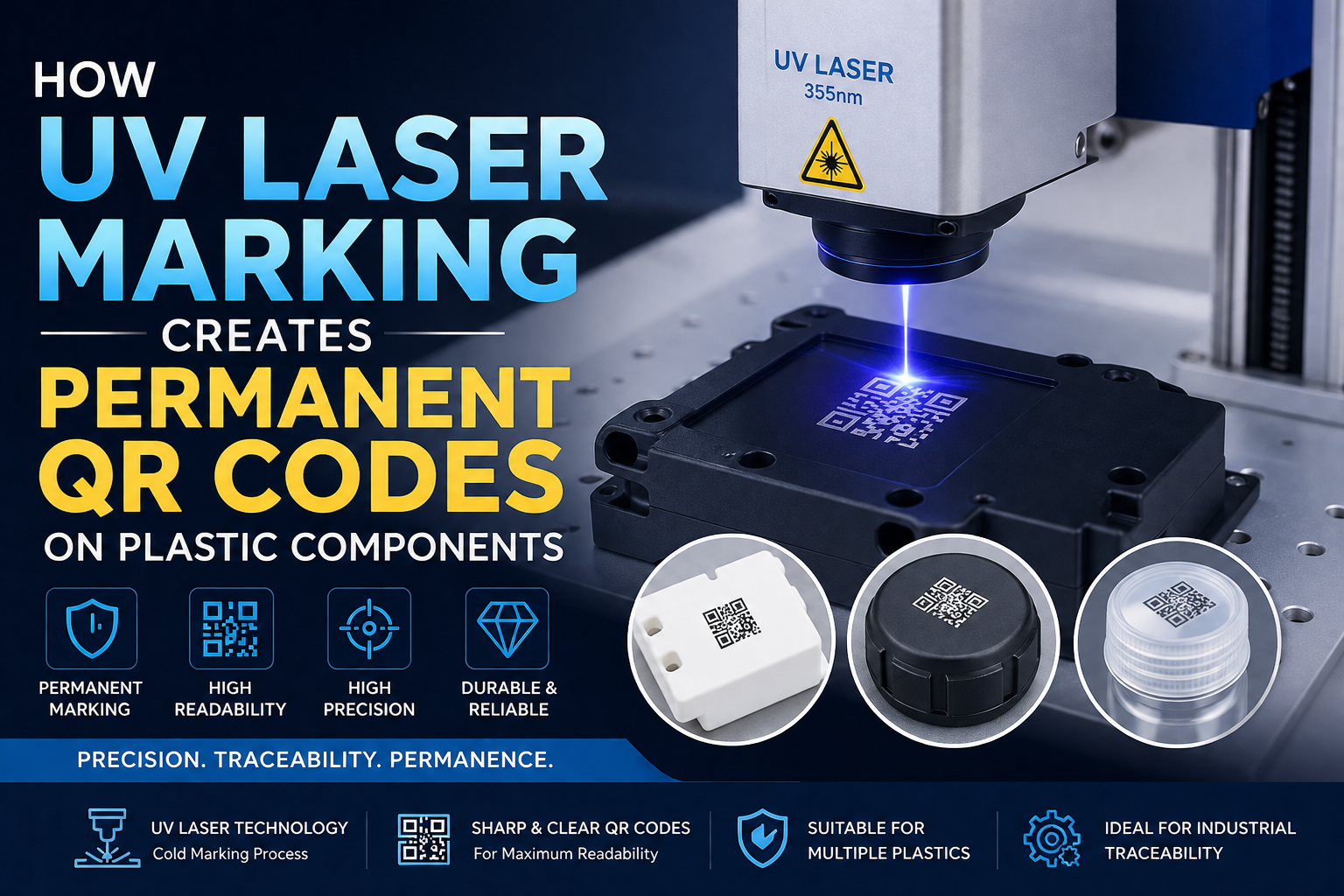 Poster showing UV laser marking for permanent QR codes on plastic components; text reads 'How UV Laser Marking Creates Permanent QR Codes' with product images at bottom right.