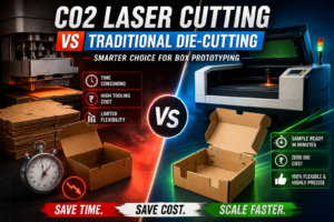 Comparison poster: CO2 laser cutting vs traditional die-cutting with a central VS circle and labeled pros and cons on each side (time, cost, flexibility).