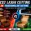 Comparison poster: CO2 laser cutting vs traditional die-cutting with a central VS circle and labeled pros and cons on each side (time, cost, flexibility).