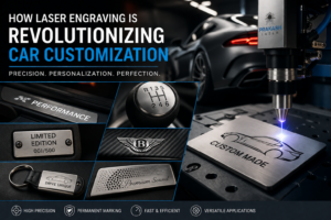 Collage showing laser engraving for car customization, with metal plaques, badges, key fob, gear shift, and a car in the background beneath a headline about precision and customization.